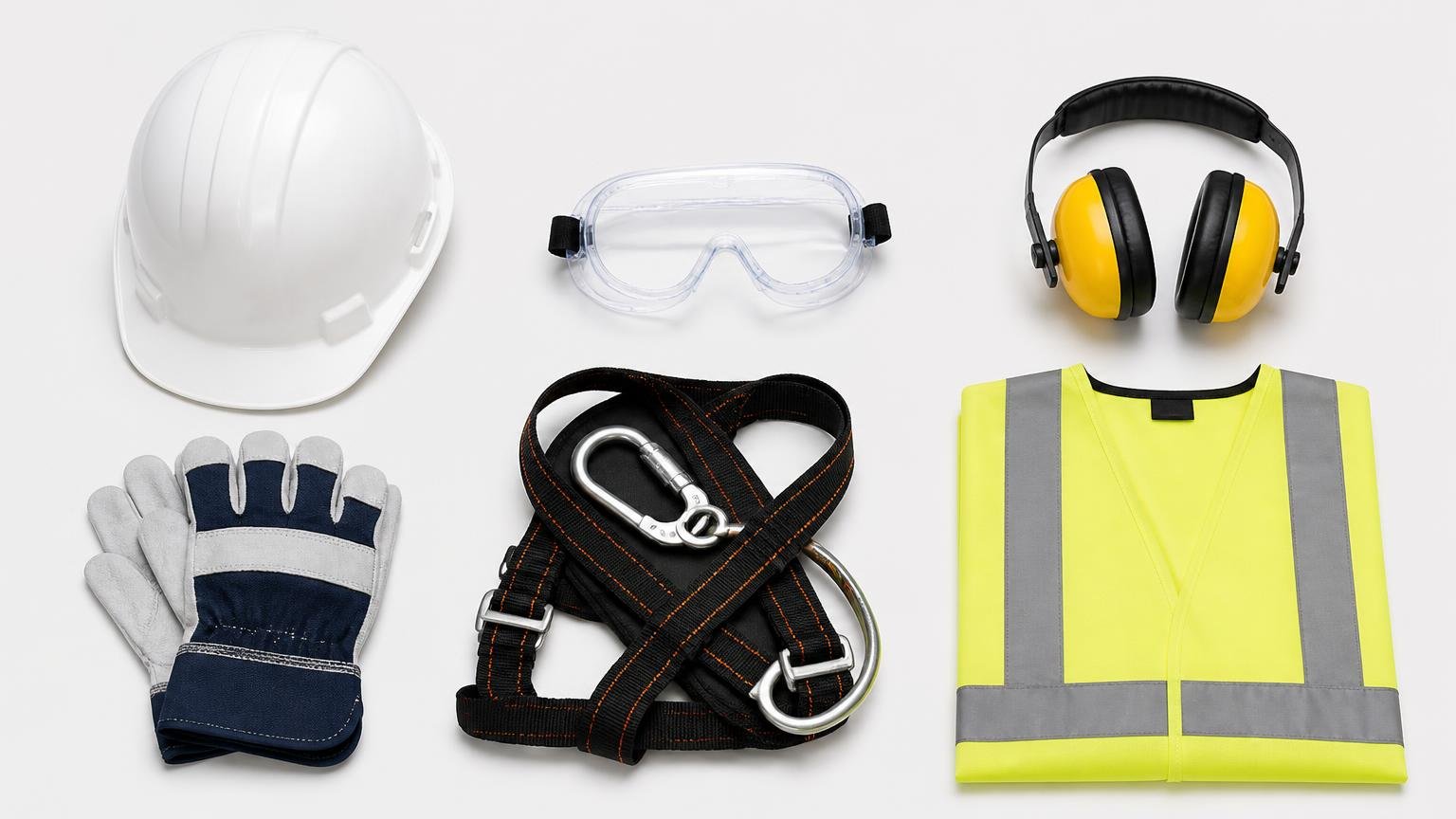 Equipamentos de proteção individual: capacete, óculos, luvas, cinto e botas.